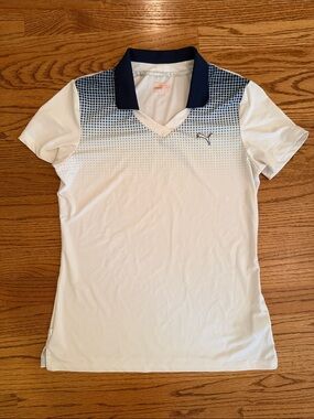 Puma White Short-Sleeve Polo with Navy Gradient Collar